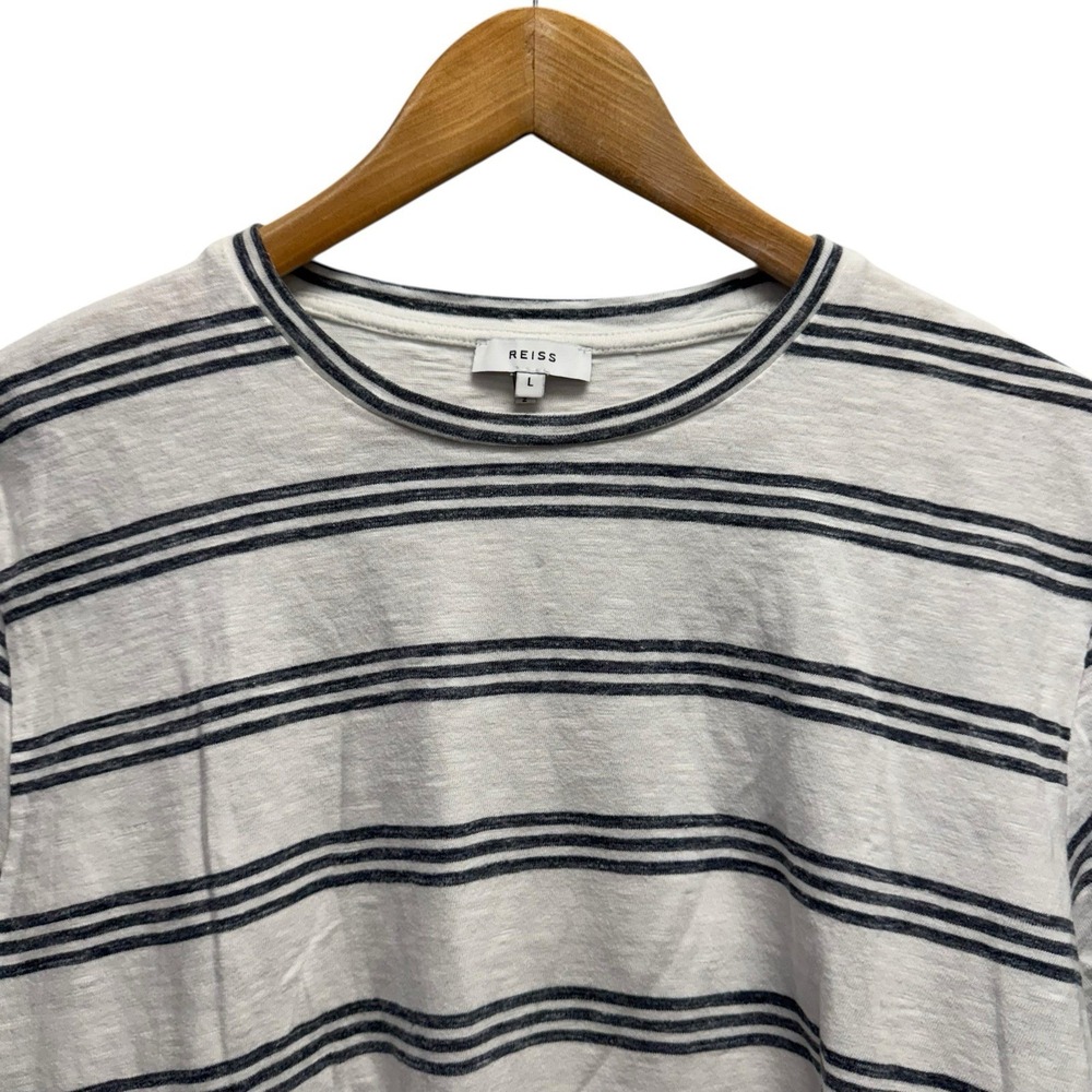 Reiss Mens Size Large White/Blue Striped Crewneck Cotton Polyester T-Shirt euc